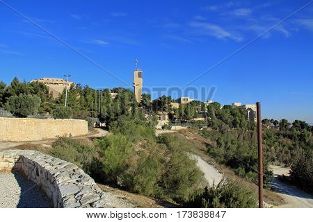 Hebrew University in Jerusalem on Mt. Scopus overlooking the Garden of Gethsemane and the Judean wilderness with copy space,
