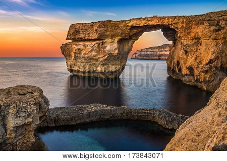 Gozo Malta - The beautiful Azure Window a natural arch and famous landmark on the island of Gozo at sunset
