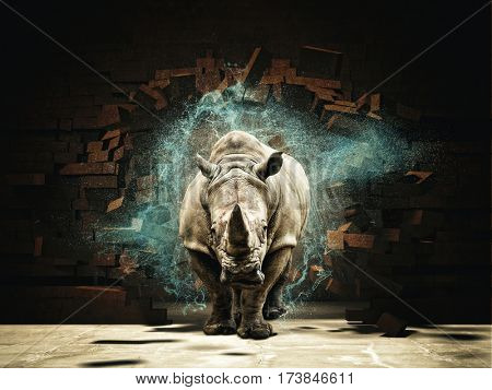 rhino destroy brick wall 3d rendering image 