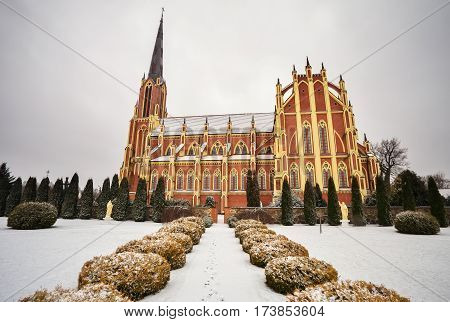 Holy Trinity catholic church Gervyaty village in winter time Grodno region Belarus
