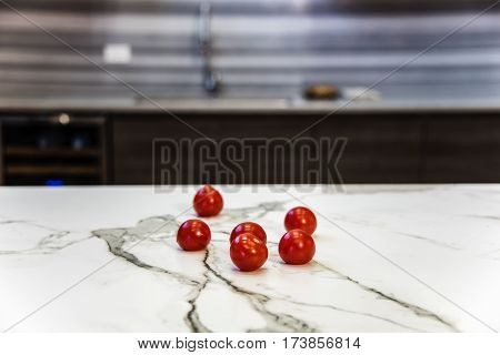 Kitchen marble countertop concept. Marble countertop. Marble stone counterops. Kitchen island made of marble countertop. Modern kitchen countertop.