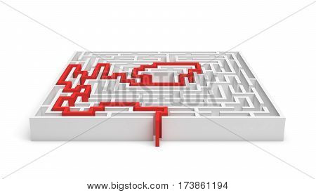 3 rendering of white square labirynth with a red line showing the true path to exit isolated on white background. Finding a solution. Concept art. Solving a task
