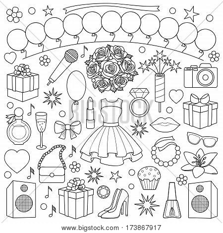 Party doodle set with girl objects and elements on white background. Coloring page.