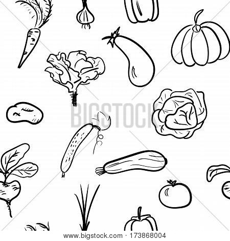 Hand drawn sketch watercolor vegetable seamless pattern. Organic healthy food vector illustration