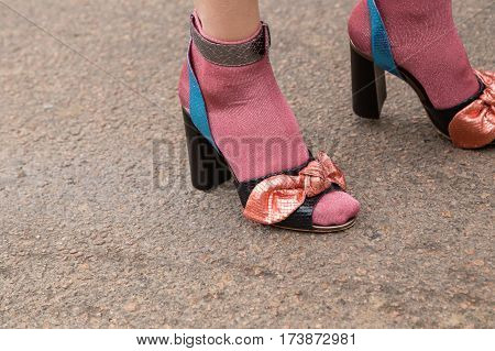 MILAN ITALY - FEBRUARY 23: Detail of shoes outside Fendi fashion show during Milan Women's Fashion Week on FEBRUARY 23 2017 in Milan.