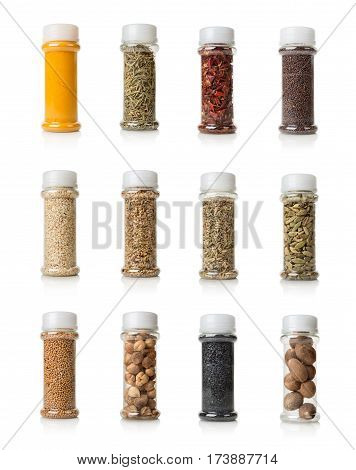 Collage of spices isolated on white background