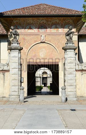 Pavia, Italy - 14 June 2015: Entrance door of Certosa at Pavia medieval church and monastery in Pavia Italy