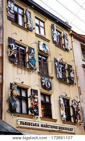 Lviv Ukraine - July 25 2016: Facade of famous handmade confectionery Lviv Chocolate Workshop building. Its owner is !FEST company network of concept restaurants and cafes founded in Lviv in 2007.