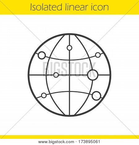 Globe model with route points linear icon. Flight destinations. Thin line illustration. Worldwide travel locations contour symbol. Vector isolated outline drawing