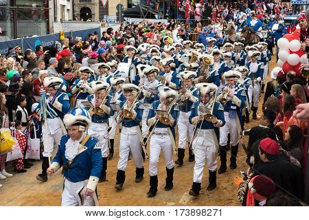 Music Band on the rose monday parade in Cologne - musicians in uniform - Participants of the rose monday parade in cologne on February 27, 2017