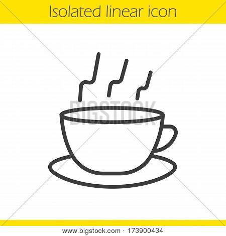 Steaming cup linear icon. Teacup thin line illustration. Hot steaming coffee cup on plate contour symbol. Vector isolated outline drawing