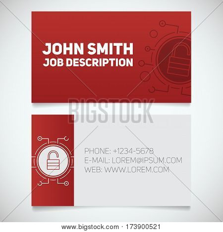 Business card print template with lock logo. Easy edit. Manager. Cyber security. Data protection. Padlock in microchip pathways. Stationery design concept. Vector illustration