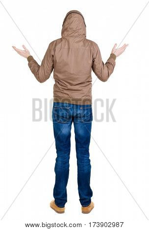 Back view of shocked man in  windcheater. upset young guy in jeans and  jacket. Rear view people collection.  backside view of person.  Isolated over white background.