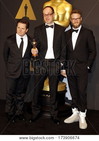 Michael J. Foc, John Gilbert and Seth Rogen at the 89th Annual Academy Awards - Press Room held at the Hollywood and Highland Center in Hollywood, USA on February 26, 2017.