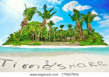 Whole Tropical Island Within Atoll In Tropical Ocean And Inscription 
