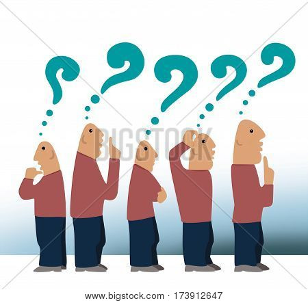 The crowd of five bald men in thinking with question marks over their heads
