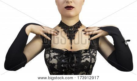 Black gothic braided necklace on mannequin photo.