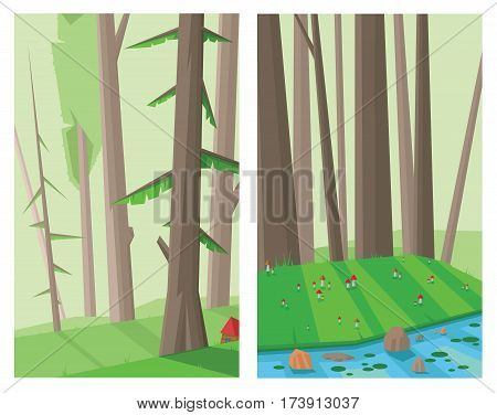 Digital vector abstract background set with green and brown forest, tall trees, mushrooms on green grass and river with lotus plants, flat triangle style