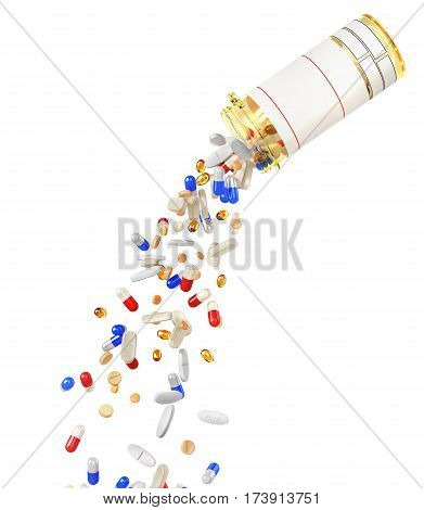 Open Pill Bottle with falling pills isolated on white background. 3d illustration