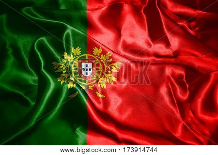 Portugal National Flag With Coat Of Arms Waving In The Wind 3D Illustration