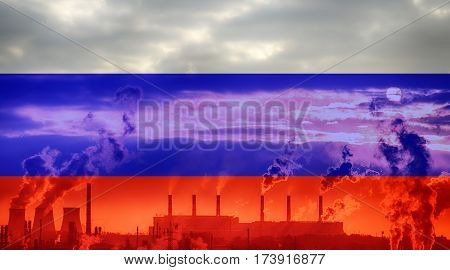 Russain flag against industrial landscape. Abstract flag background