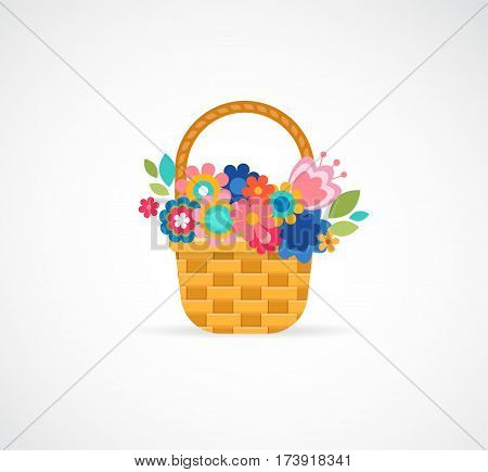 Happy Easter greeting card, basket with flowers and eggs, poster, bunner, illustration