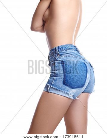 Sexy Woman In Fashion Blue Jeans Shorts. Perfect Hot Booty And Erotic Curves Hips