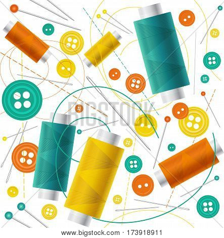 Seamless pattern in flat style, colorful spools of thread, buttons and needles for sewing and needlework