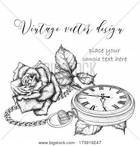 Hand drawi vintage postcard. A pocket watch on a chain and flowers. Vector illustration
