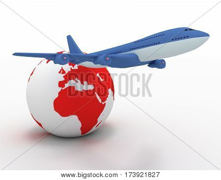 3d aircraft and earth globe. illustration on white background