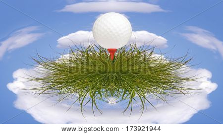 Golf ball on tee rests on grass with small planet effect