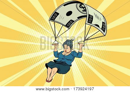 woman Golden parachute financial compensation in the business. Comic book vintage pop art retro style illustration vector