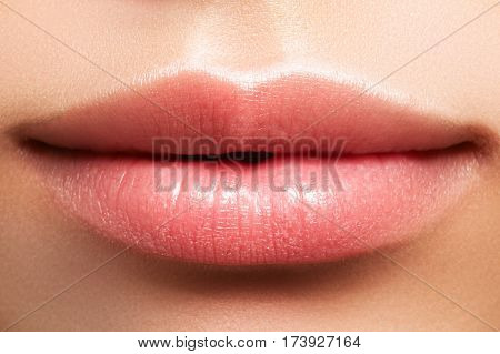 Closeup Perfect Natural Lip Makeup. Beautiful Plump Full Lips On Female Face. Clean Skin, Fresh Make