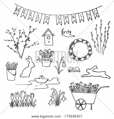 Hello Spring sketch set. First flowers and Lettering. snowdrops crocus tulips. navvy barrow paper ship watering pot gardening. Hand drawn. Brush pen. For Poster prints textile decoration blog