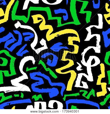 Abstract seamless pattern. Hand drawn artistic ink curves. Black white and green colors background. Design element for textile and wrapping paper