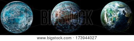 Space scene. Three planet on black background. Elements furnished by NASA