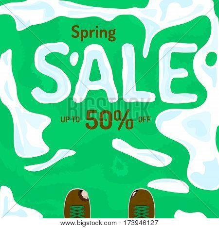 Flat spring sale vector banner, poster, flyer. Fresh creative design of sale template. Vector illustration with melting snow on grass, old ragged shoes.