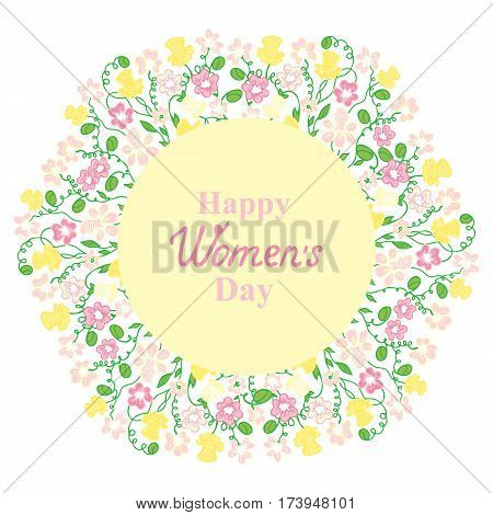 Happy Women's Day. March 8. Flower and herbage wreath. Concept design for a holiday sale, greeting cards, flyers, invitations.