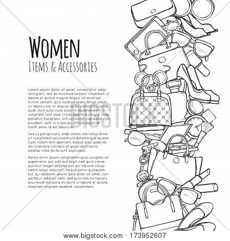 Women items and accessories web banner. Colourless objects. Cosmetics. Perfume, lipstick, mascara, perfume, purse, handbag, high-heeled shoes, eyeshadows brush watch sunglasses Add text Vector