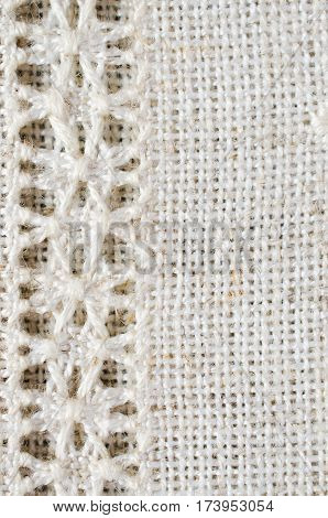 Embroidery pattern for background or cover. Texture of the vintage homespun linen textile. Hemstitch. Needlework.