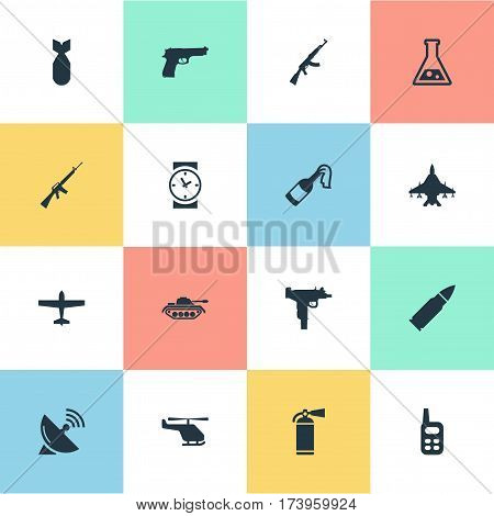 Set Of 16 Simple Army Icons. Can Be Found Such Elements As Kalashnikov, Rifle Gun, Pistol And Other.