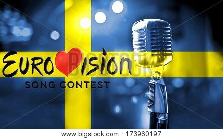 Photos banner with the official logo of the Eurovision Song Contest in the Swedish flag. Belarus01 March 2017