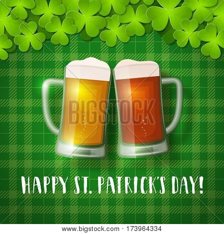 St. Patrick's beer mugs on a shamrock checkered background. Vector greeting card with hand drawn lettering, clover leaves and toasting beers.