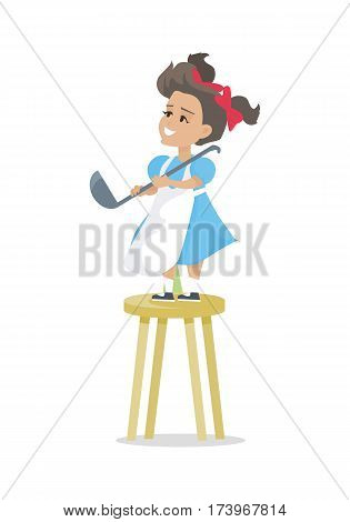 Little girl with soup ladle stand on kitchen backless stool. Smiling little girl in blue dress and white apron cooking. Isolated vector illustration on white background