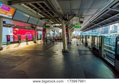 BANGKOK THAILAND - JANUARY 30: Siam BTS sky train station which is a busy station in the downtown area of Bangkok where many tourists and locals board the train on January 30 2017 in Bangkok