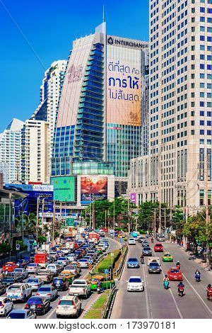 BANGKOK THAILAND - FEBRUARY 01: This is a view of downtown Bangkok high rise buildings and traffic on February 01 2017 in Bangkok