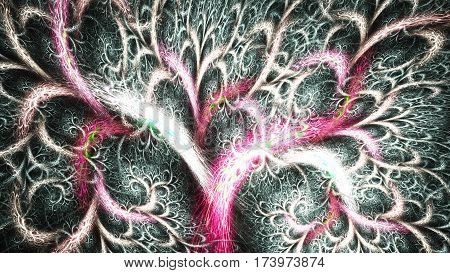 Frostwork. Magical tree of life. 3D surreal illustration. Sacred geometry. Mysterious psychedelic relaxation pattern. Fractal abstract texture. Digital artwork graphic astrology magic