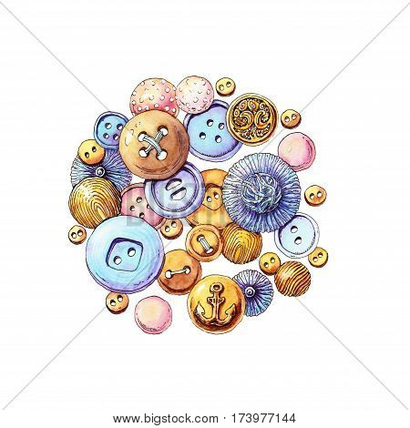 Circle with colored lilac violet pink gold and brown buttons for backgrounds and congratulation cards.