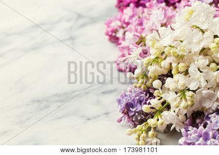 Lilac Flowers On Marble Background. Copy Space. Top View.