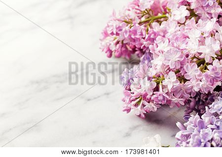 Lilac Flowers On Marble Background. Copy Space. Top View.